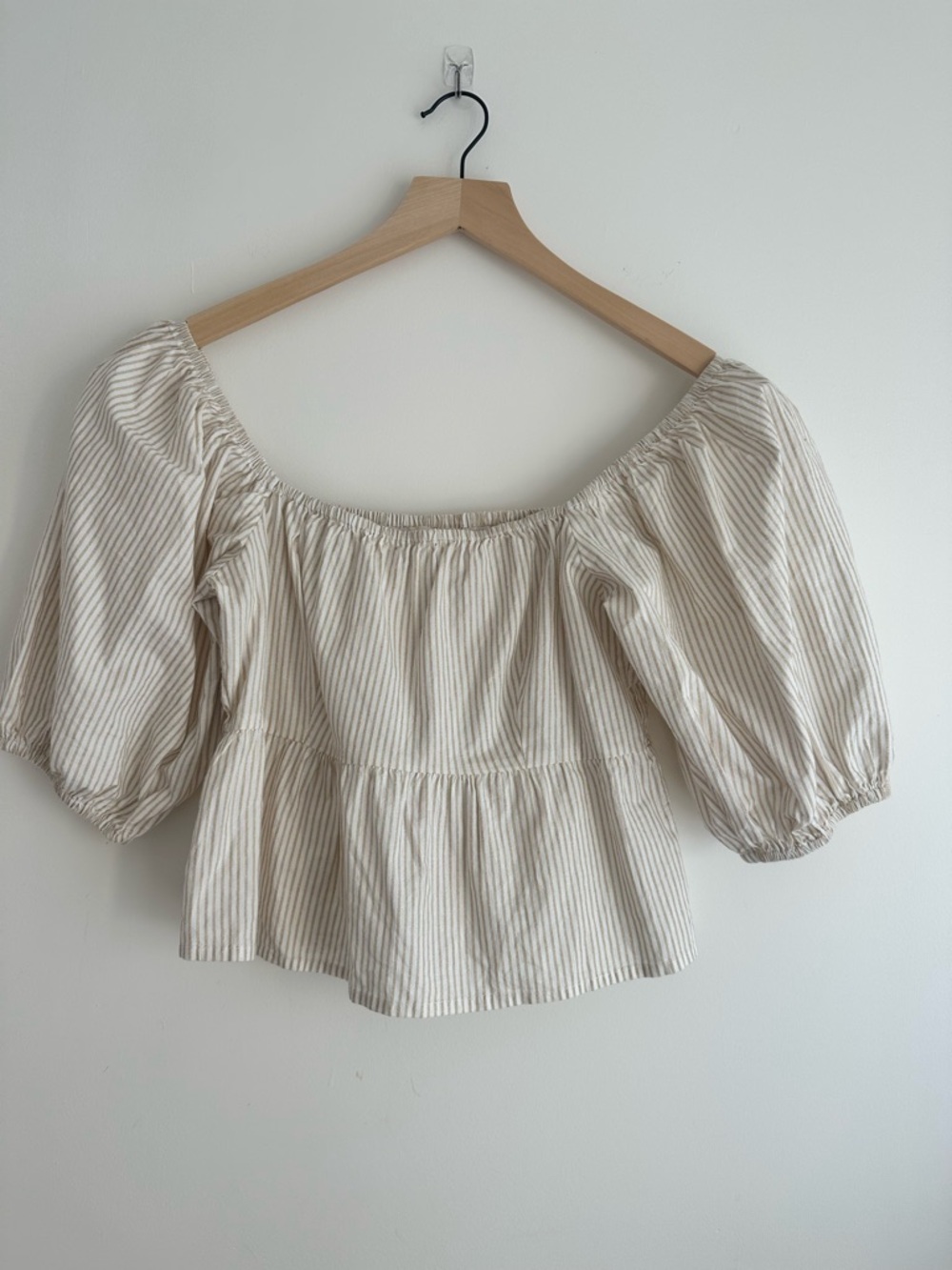 Striped Cream Peasant Blouse with Puff Sleeves - Women Tops